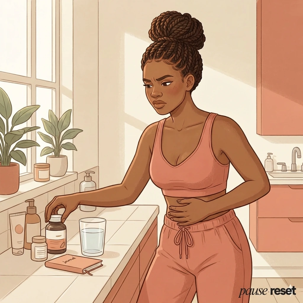 Estrogen dominance — the most misunderstood concept in perimenopause Black woman with braids in a bun holding her bloated abdomen and reaching for supplements on bathroom counter — managing estrogen dominance symptoms during perimenopause
