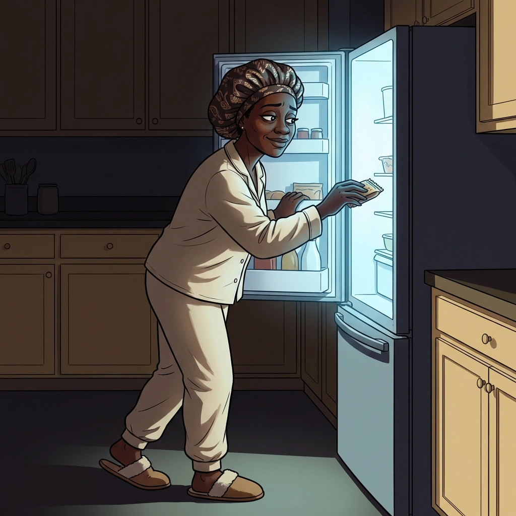 Black woman in pajamas and bonnet reaching into refrigerator at night — perimenopause food cravings driven by hormone fluctuations