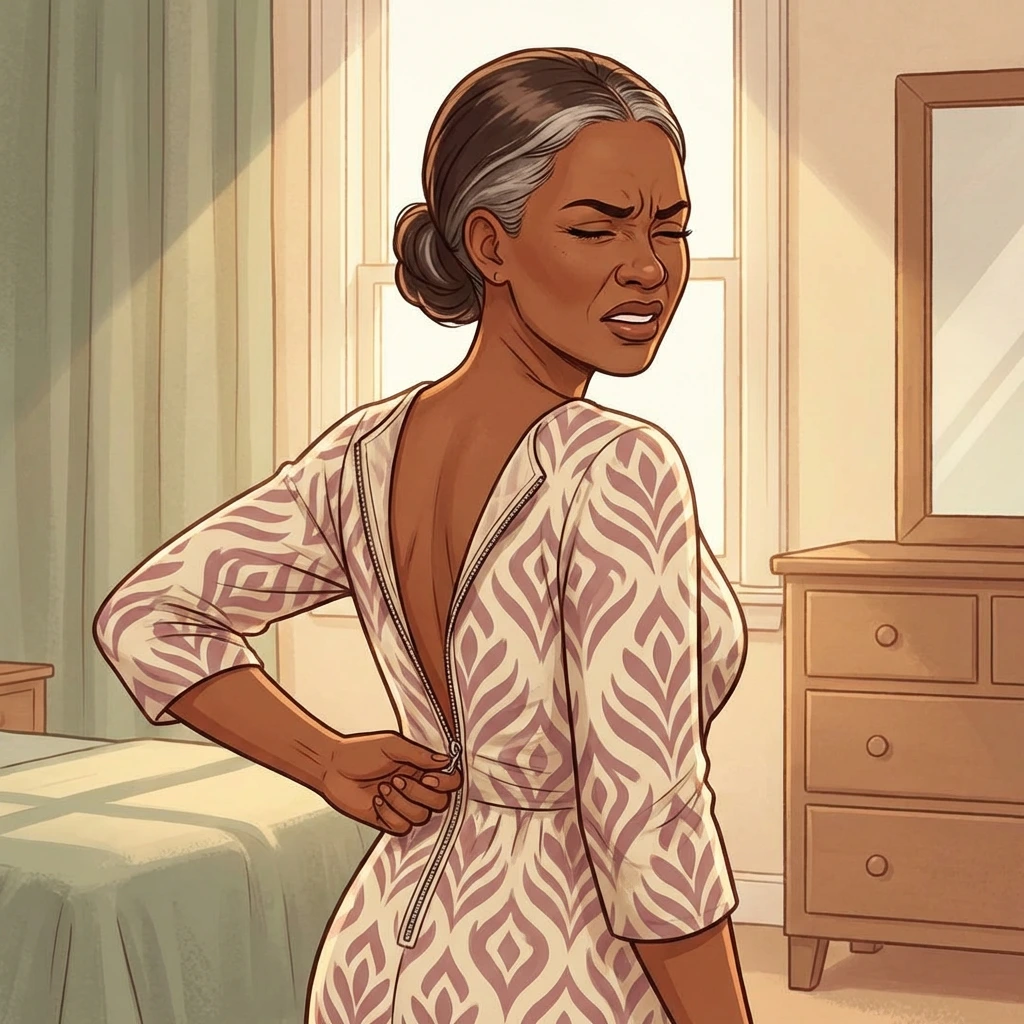 Menopause frozen shoulder — the painful stiffness no one warned you about Silver-haired Black woman wincing while trying to zip dress due to frozen shoulder pain during menopause — limited range of motion in bedroom