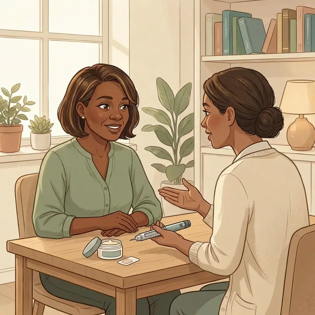 Black woman in sage blouse consulting with clinician about GLP-1 injection pen for menopause weight management — warm functional medicine office