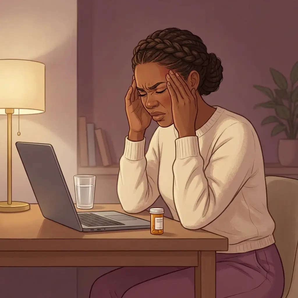 Black woman with braided updo pressing temples in pain at desk with laptop — perimenopause hormonal headaches and migraines with medication bottle nearby