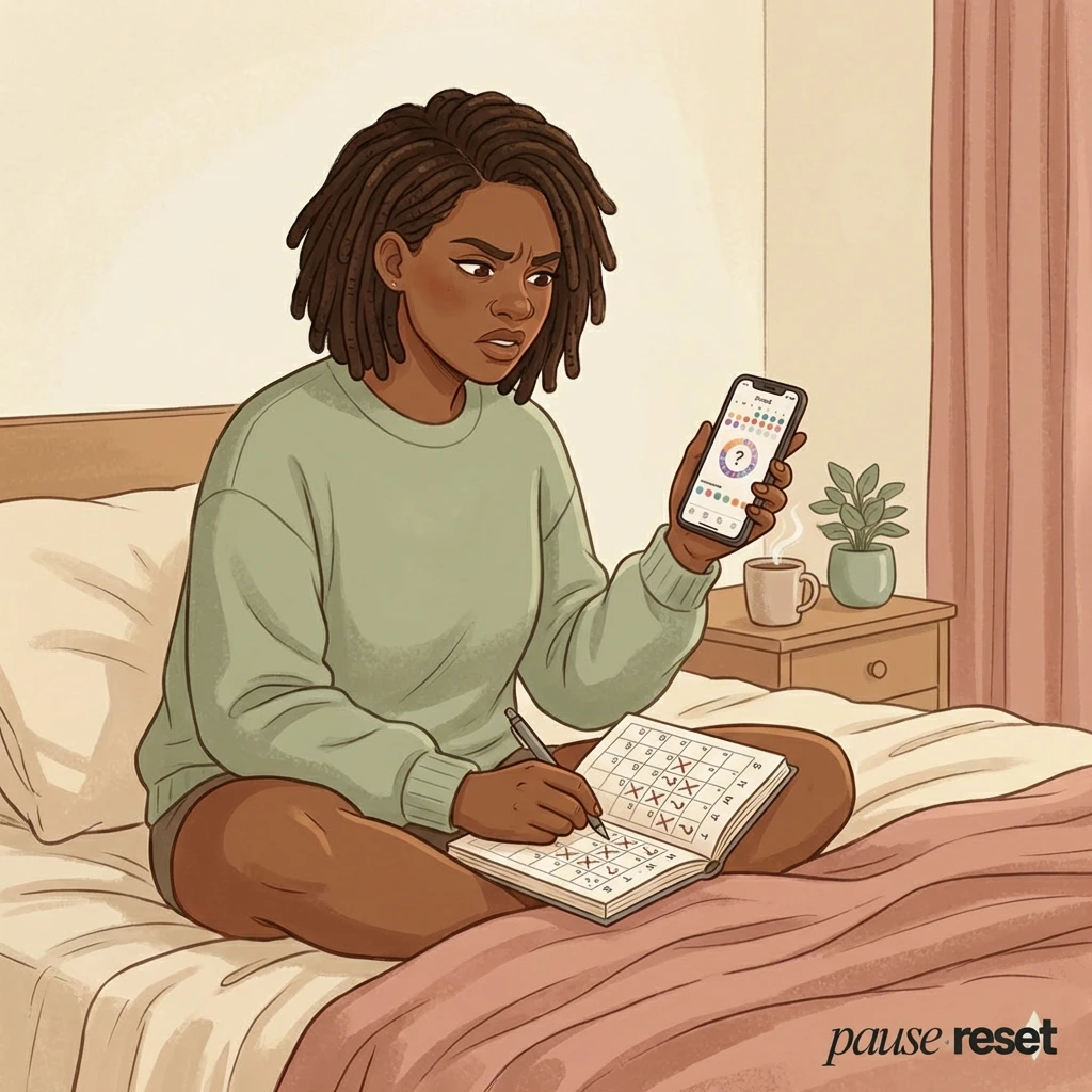 Black woman with locs sitting in bed tracking irregular periods in a calendar journal while checking a period tracker app on her phone during perimenopause