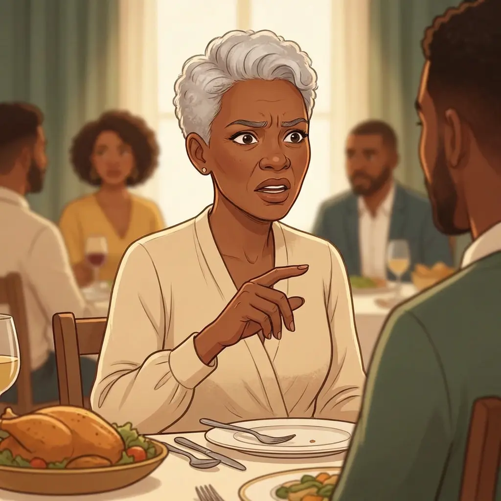 Silver-haired Black woman at dinner table struggling to recall a word mid-conversation — menopause memory loss and cognitive changes