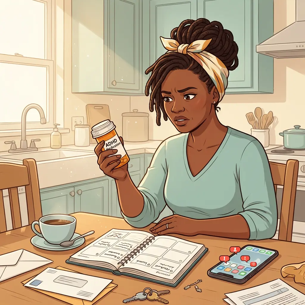 Menopause and ADHD — when your medication stops working Black woman with locs and headscarf holding ADHD medication bottle at cluttered kitchen table — menopause worsening ADHD symptoms with missed notifications on phone
