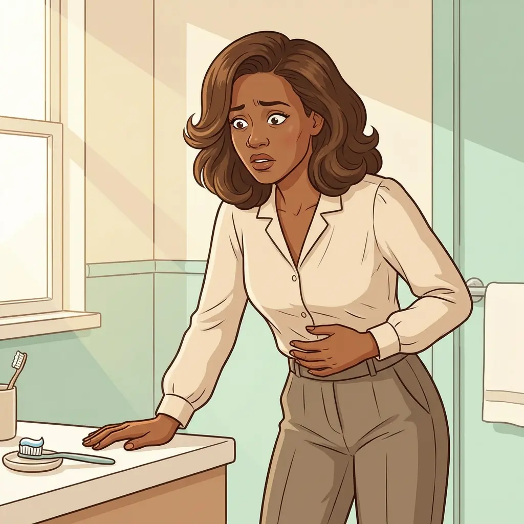 Black woman in white blouse steadying herself at bathroom sink with hand on stomach — perimenopause nausea and morning queasiness