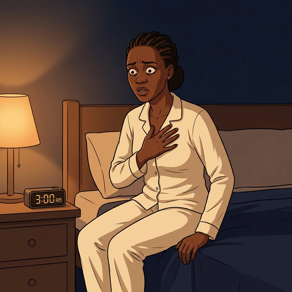 Black woman sitting on edge of bed at 3 AM with hand on chest during perimenopause panic attack — alarm clock glowing in dark bedroom