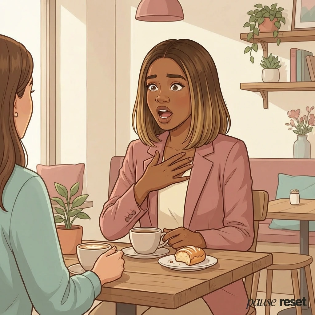 Young Black woman in pink blazer touching her chest while talking to a friend at a café — surprised to learn perimenopause can start in your 30s