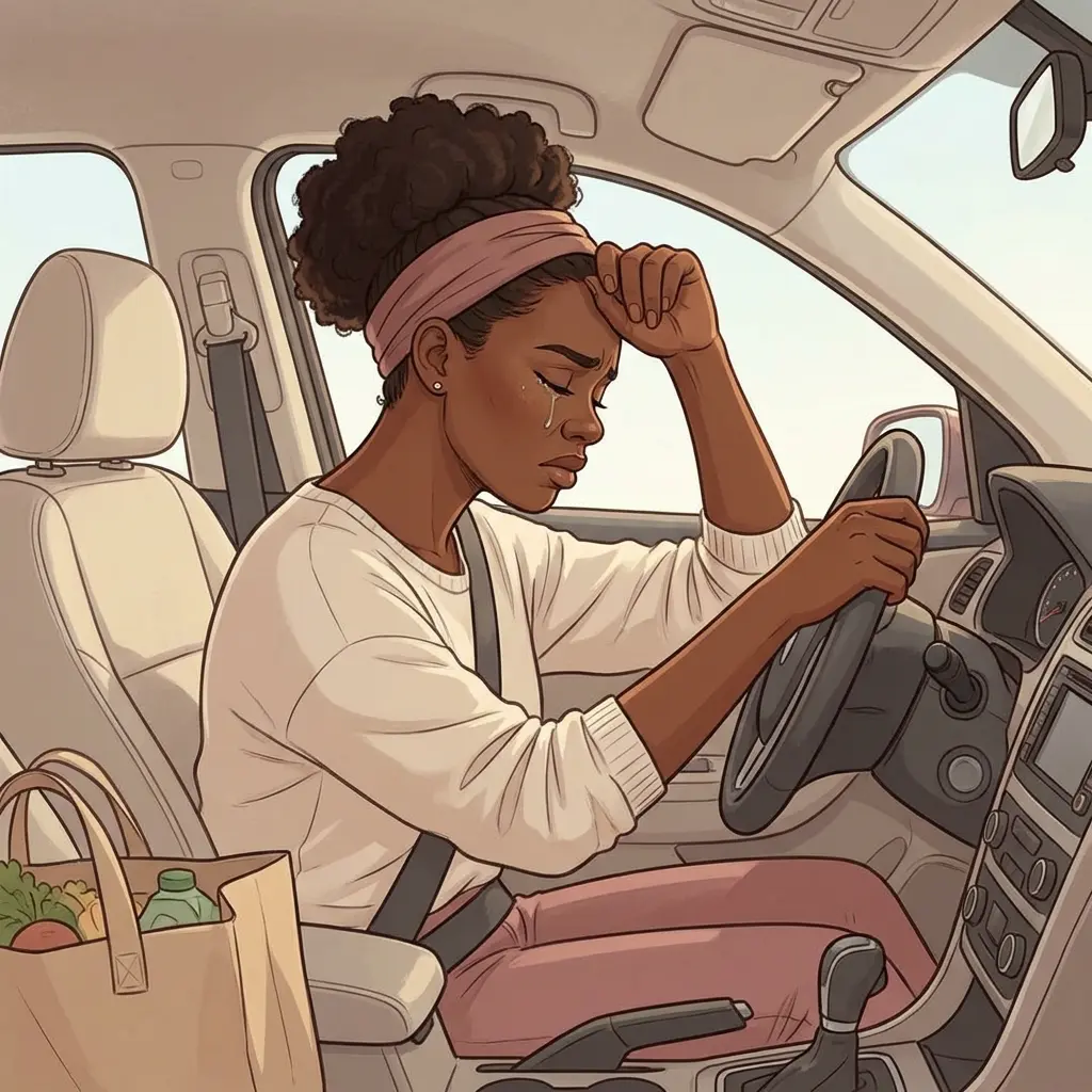 Perimenopause rage — the fury that comes out of nowhere Black woman with headband crying in frustration gripping steering wheel in car — perimenopause rage and emotional overwhelm after errands