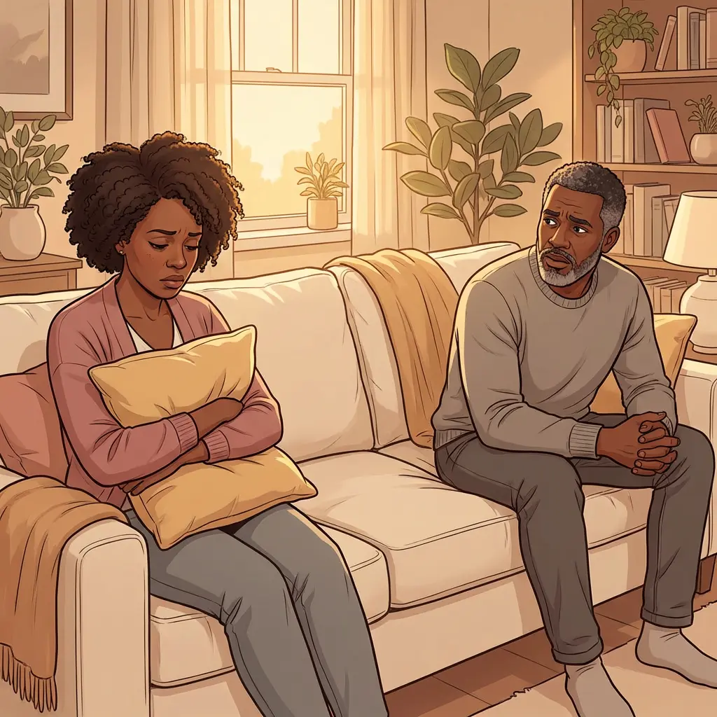 Black couple sitting apart on couch with emotional distance — menopause impact on relationships and intimacy with partner looking concerned