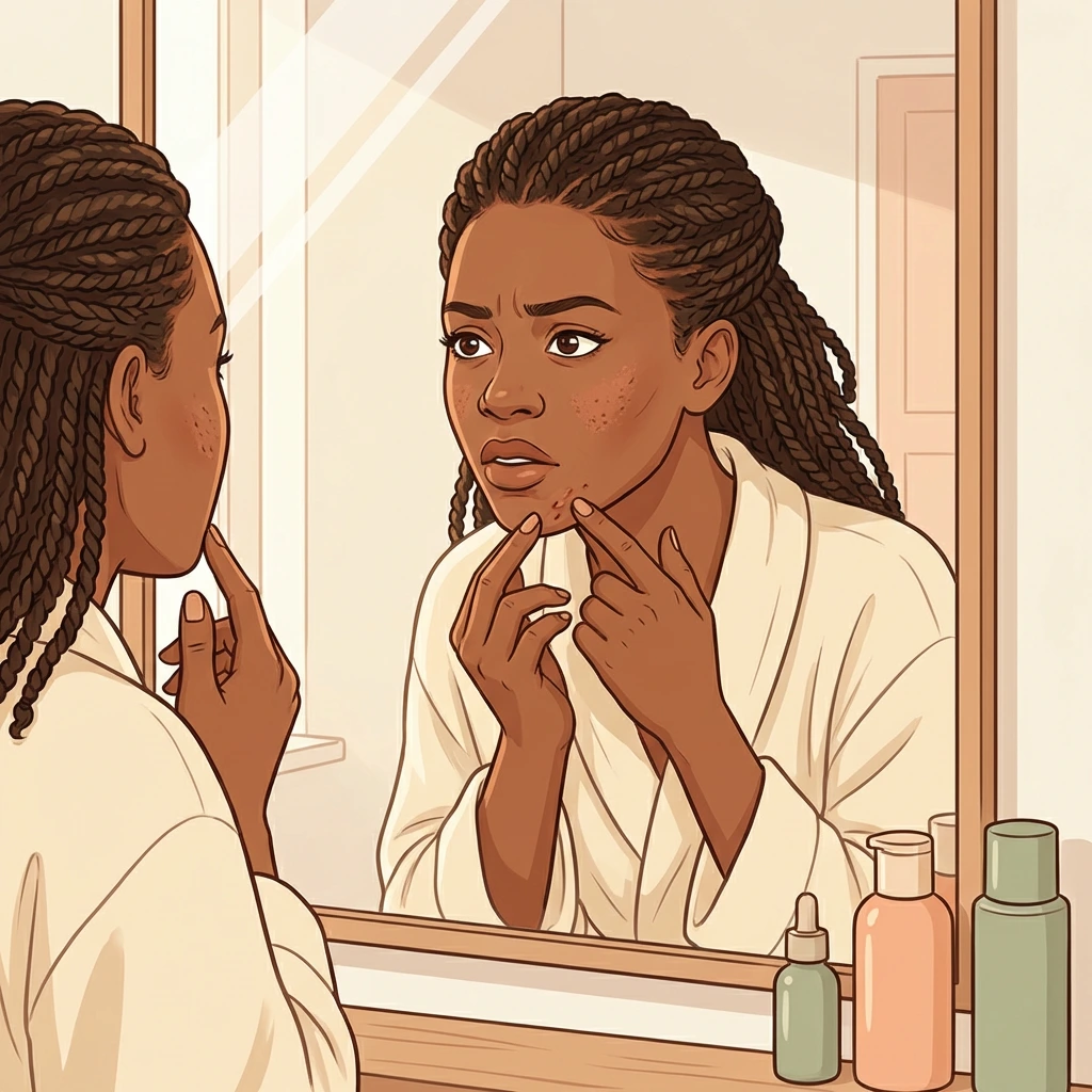 Black woman with braids examining jawline acne and skin changes in bathroom mirror during perimenopause — skincare bottles on counter