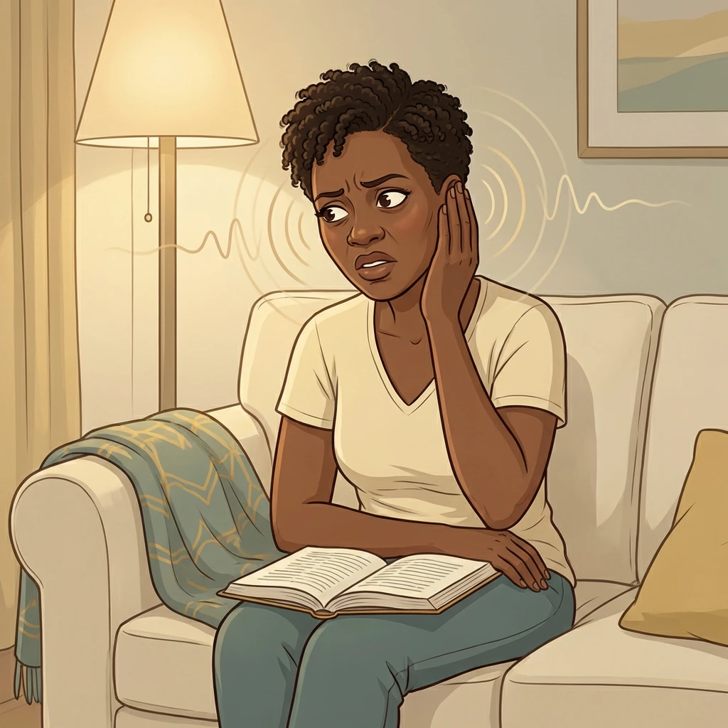 Black woman sitting on couch pressing hand to ear with sound waves illustrated — perimenopause tinnitus ringing and buzzing in ears