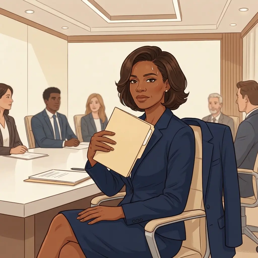 Black professional woman in navy blazer holding folder in boardroom meeting — navigating menopause symptoms at work while maintaining composure
