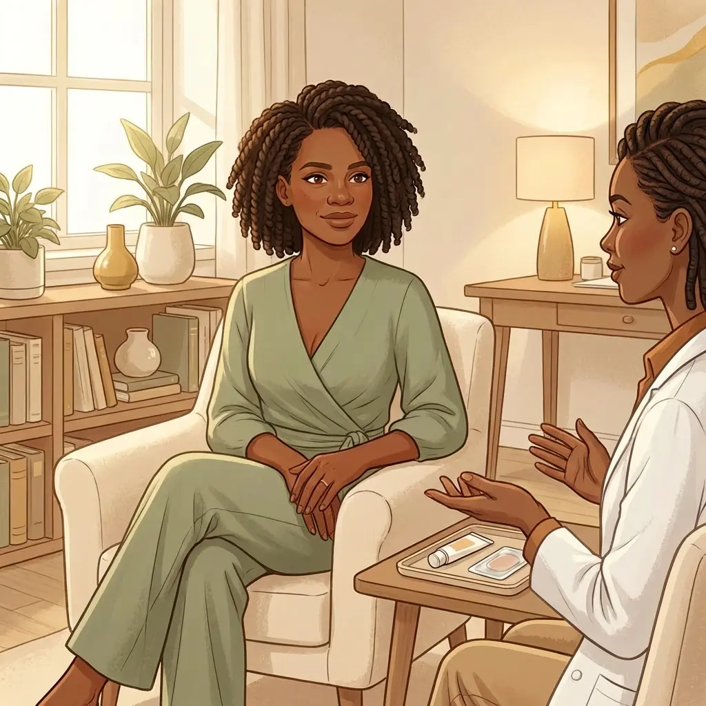 Black woman in sage wrap dress consulting with physician about bioidentical hormone therapy — warm clinical office with hormone patch samples on table