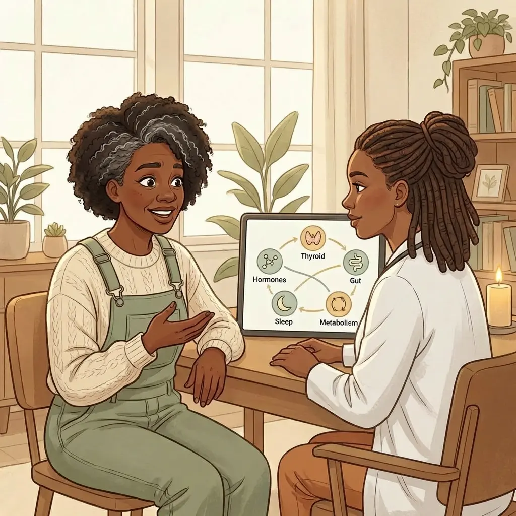 Black woman discussing thyroid, gut, hormone, sleep, and metabolism connections with functional medicine practitioner — whole-body systems diagram on screen