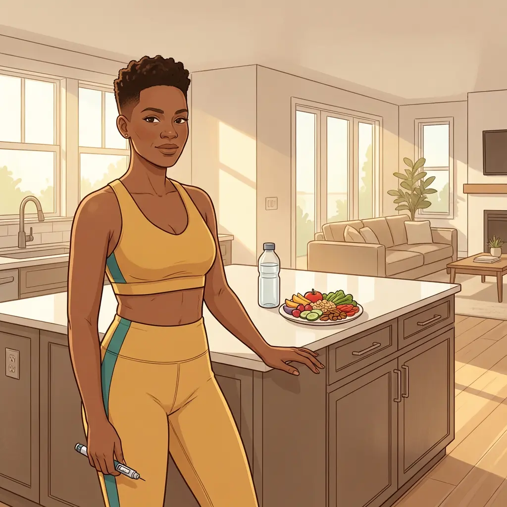 Black woman in olive athletic wear holding GLP-1 medication pen in modern kitchen with healthy food — semaglutide tirzepatide weight loss for perimenopause and menopause