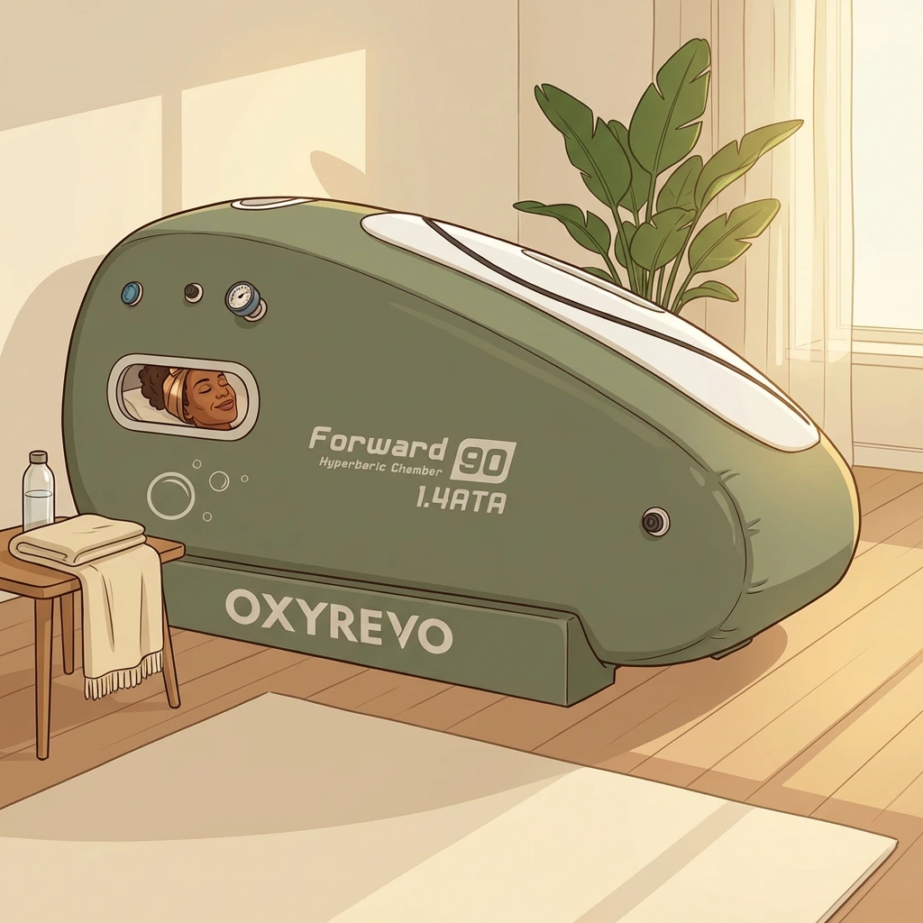 Black woman relaxing inside a medical-grade hyperbaric oxygen chamber — OxyRevo Forward 90 at 1.4 ATA in a warm, spa-like wellness setting