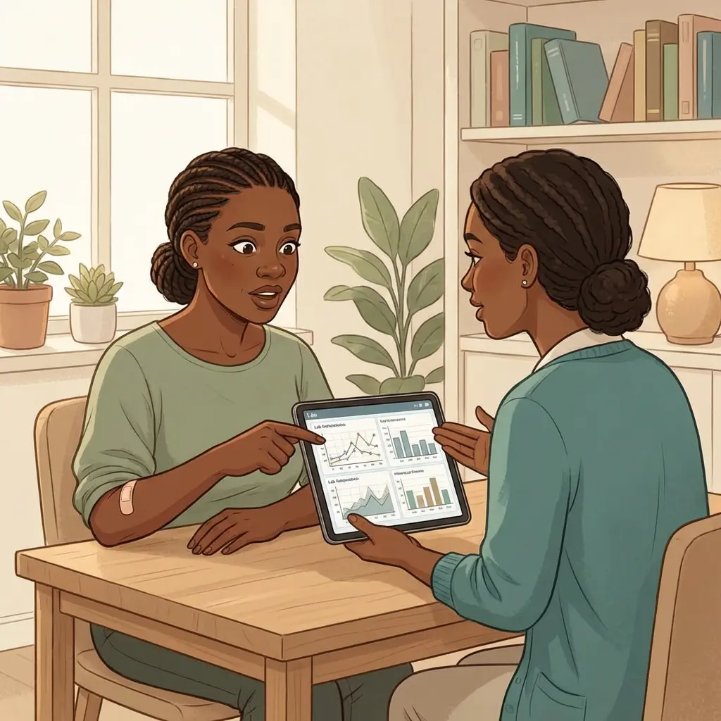 Hormone Testing — the foundation of personalized perimenopause care Black woman reviewing comprehensive hormone lab results on tablet with clinician — bandage on arm from recent blood draw
