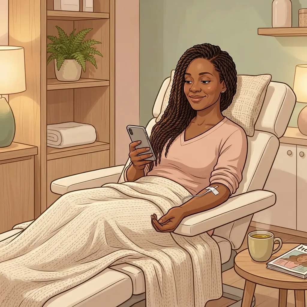 Black woman relaxing in comfortable infusion chair with IV drip during menopause wellness therapy session — cozy spa-like clinical setting