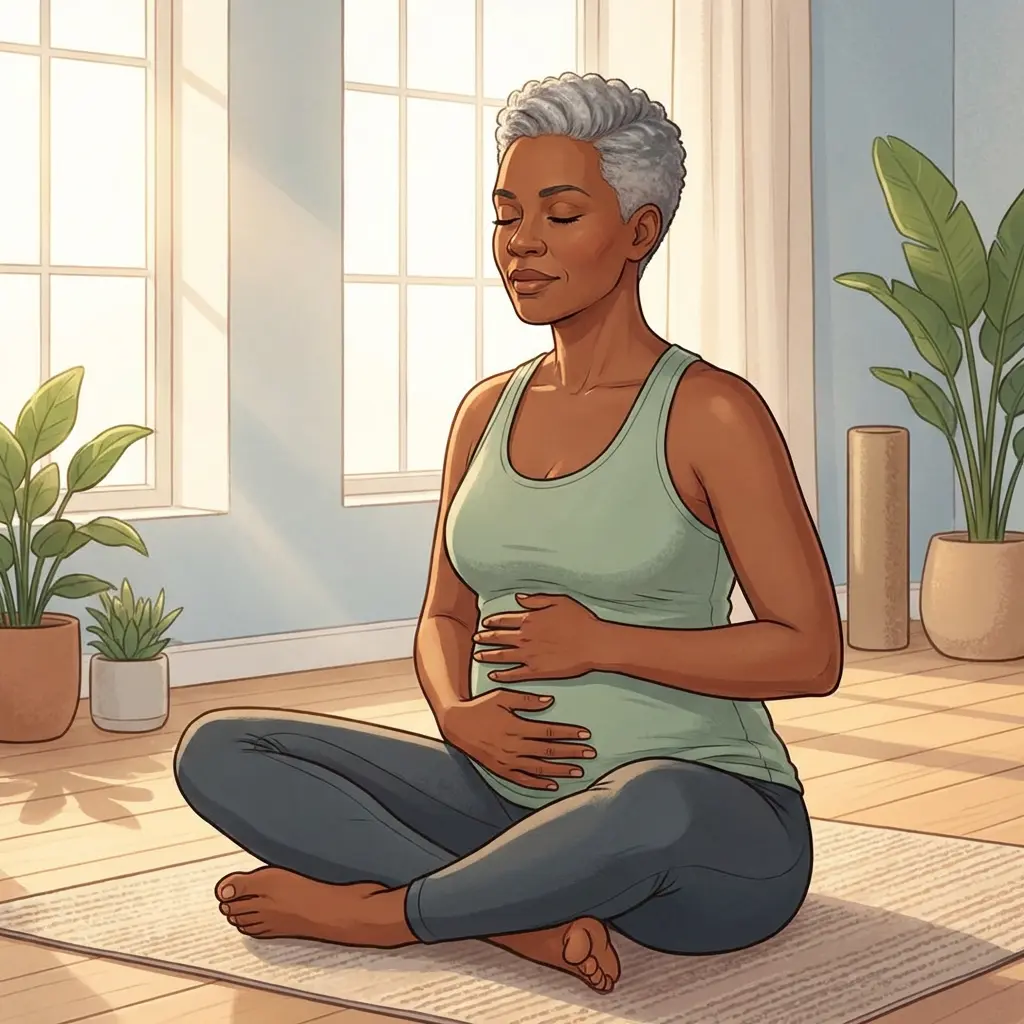 Silver-haired Black woman seated cross-legged on yoga mat practicing pelvic floor breathing — hands on lower abdomen in peaceful sunlit studio