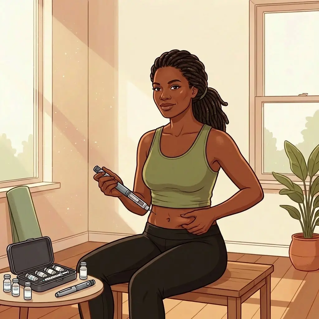 Peptide Therapy — repair signals your body has been missing Black woman with locs preparing peptide injection at home — injection pen kit and vials on side table in sunlit living room