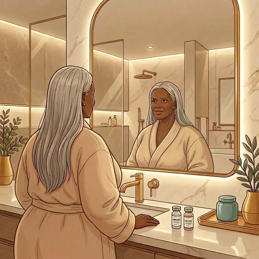 Silver-haired Black woman in robe looking at reflection in bathroom mirror with peptide vials on marble counter — retatrutide triple-agonist weight loss medication for menopause