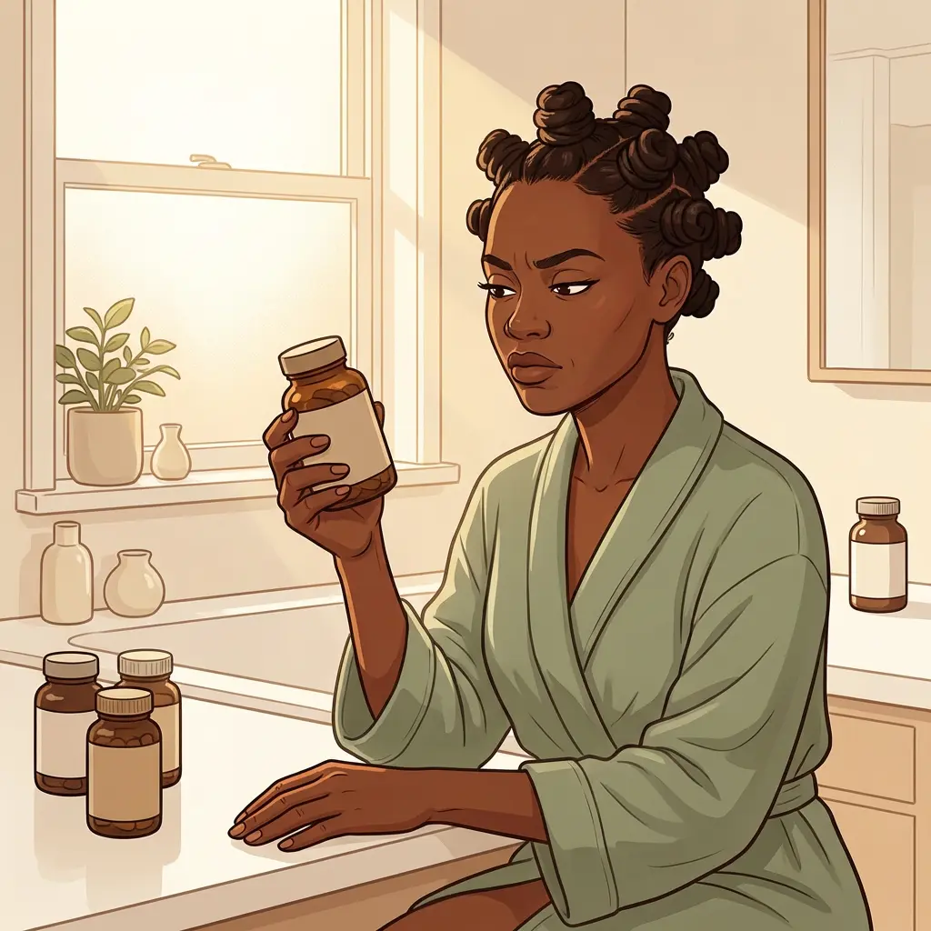 Menopause Supplements — what actually works Black woman in robe examining supplement bottle in her bathroom — evaluating evidence-based menopause supplements